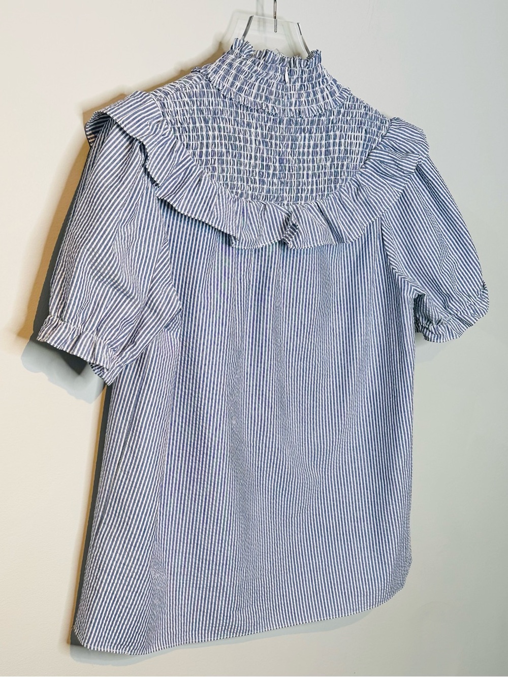Sail To Sable Blue White Seersucker Smocked Ruffle Neck Blouse Shirt Top - Picture 5 of 9